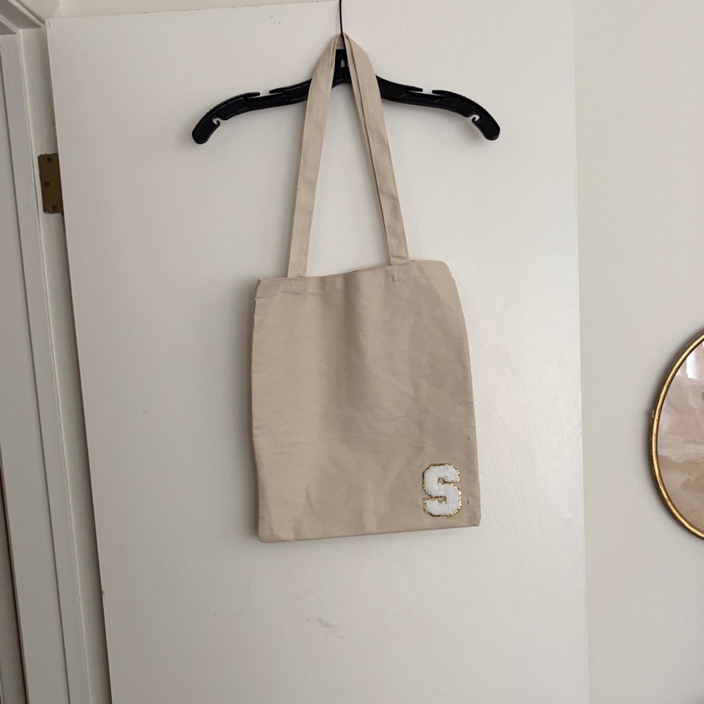 Beige Sequin 'S' Canvas Tote Bag
